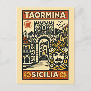 Postal Grabado en madera Rojo Amarillo Taormina Sicilia P