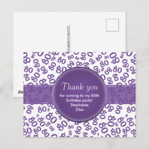Postal Gracias 80 Cumpleaños Número 80 Patrón Morado/Blan