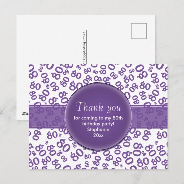 Postal Gracias 80 Cumpleaños Número 80 Patrón Morado/Blan (Anverso / Reverso)