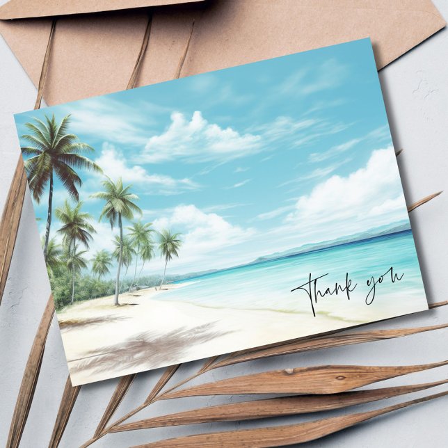 Postal Gracias a la boda acuática Palm Tree Beach (Watercolor Palm Tree Beach Wedding Thank You Postcard)