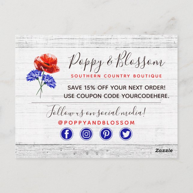 Postal Gracias a Red Poppy y Cornflower Rusood (Reverso)