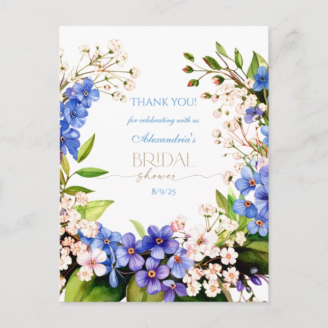 Postal Gracias Algo Azul: Flor de bebé y Lino (Anverso)