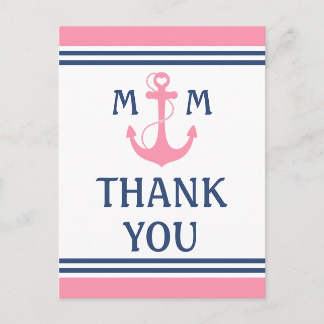 Postal Gracias Ancla del Corazón Náutico Rosa (Anverso)