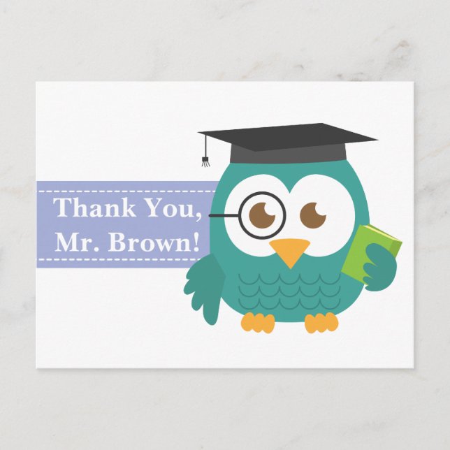 Postal Gracias, aprecio del profesor, búho del profesor (Anverso)