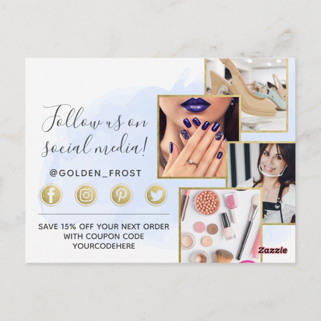 Postal Gracias Azul Claro Acuarela y Oro 4-Fotos (Reverso)