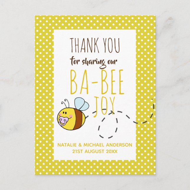 Postal Gracias BA-BEE Baby Shower Greeting Yellow Dots (Anverso)