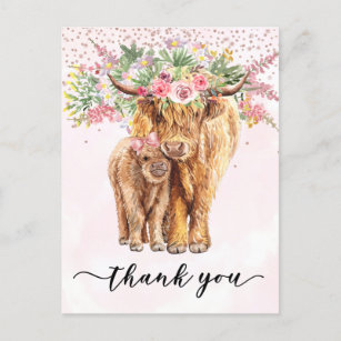 Postal Gracias Baby Shower Highland Cow Pink