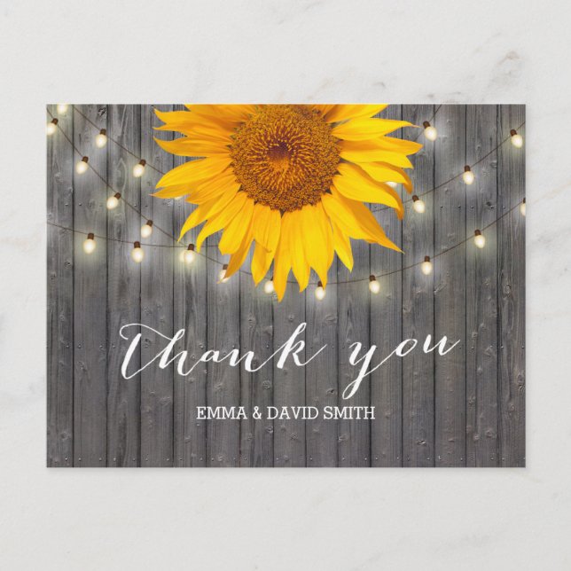 Postal Gracias Barn Wood Sunflower & String Lights (Anverso)
