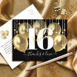 Postal Gracias Black Gold Sweet 16 Birthday Balloons<br><div class="desc">¡Esta es una manera divertida y brillante para que la chica de cumpleaños muestre su aprecio a todos los que apoyaron su evento! Envíe esta impresionante, simple, festiva, moderna, personalizada postal. Tipografía audaz, gráfica, blanca y escritura manuscrita dorada superponen globos dorados y luces de cuerda brillantes de oro en un...</div>