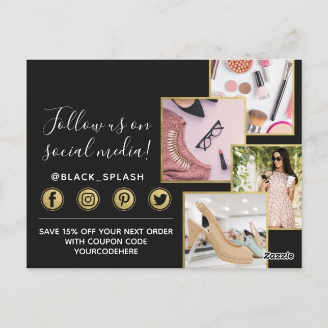 Postal Gracias Black Paint Stroke & Gold 4-Photo (Reverso)