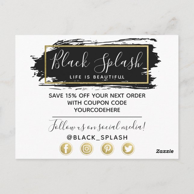 Postal Gracias Black Paint Stroke y Geo de oro moderno (Reverso)