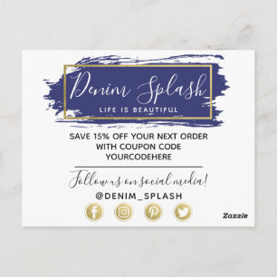 Postal Gracias Blue Paint Stroke y Modern Gold Geo