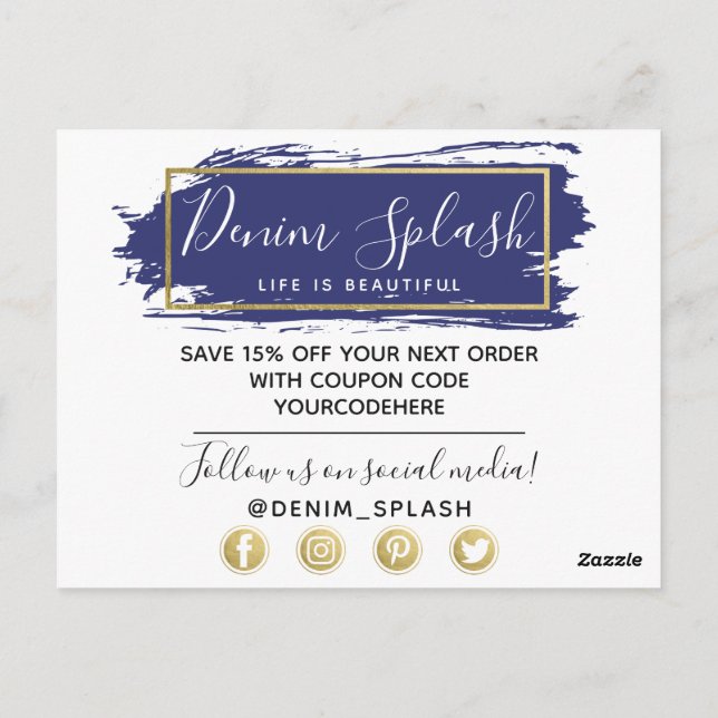 Postal Gracias Blue Paint Stroke y Modern Gold Geo (Reverso)