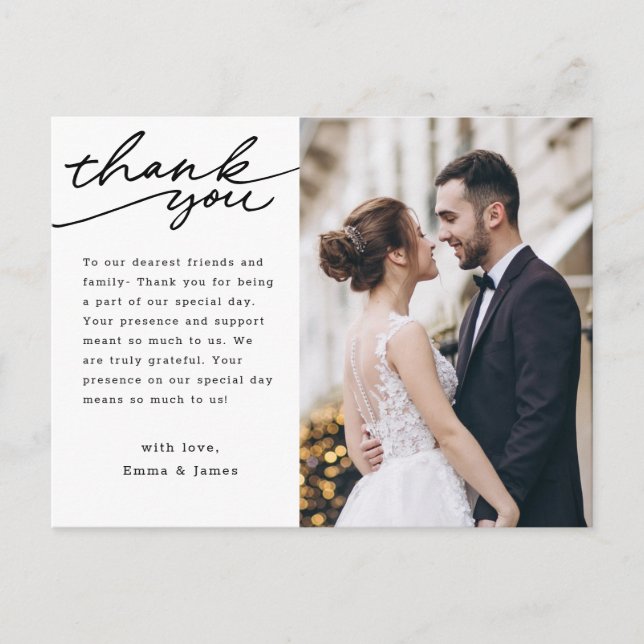 Postal Gracias Boda de foto con carta manual simple (Anverso)