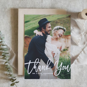 Postal Gracias Boda de foto con letras de mano blanca