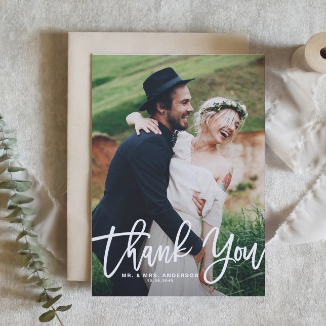 Postal Gracias Boda de foto con letras de mano blanca (Subido por el creador)