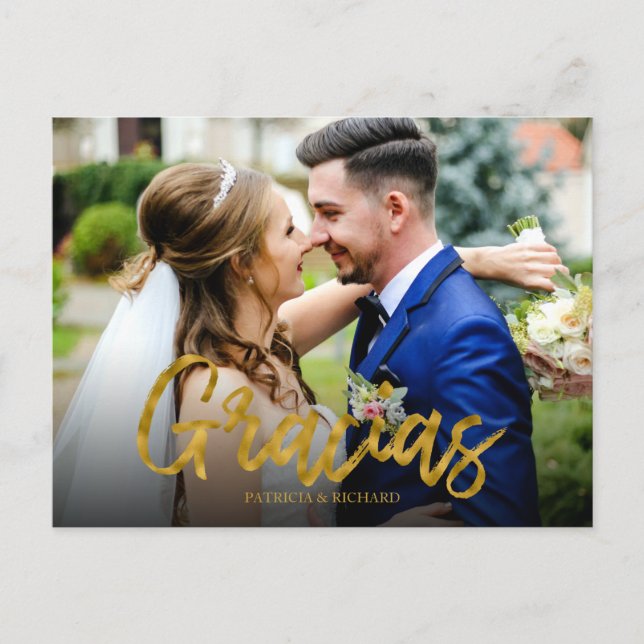 Postal Gracias Boda de guión de Relieve metalizado dorado (Anverso)