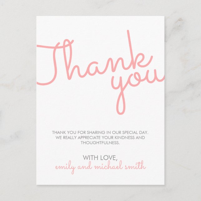 Postal Gracias Boda de tipografía rosa moderna (Anverso)