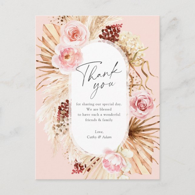Postal Gracias Boda floral graso Rubor Pink Boho Pampas (Anverso)