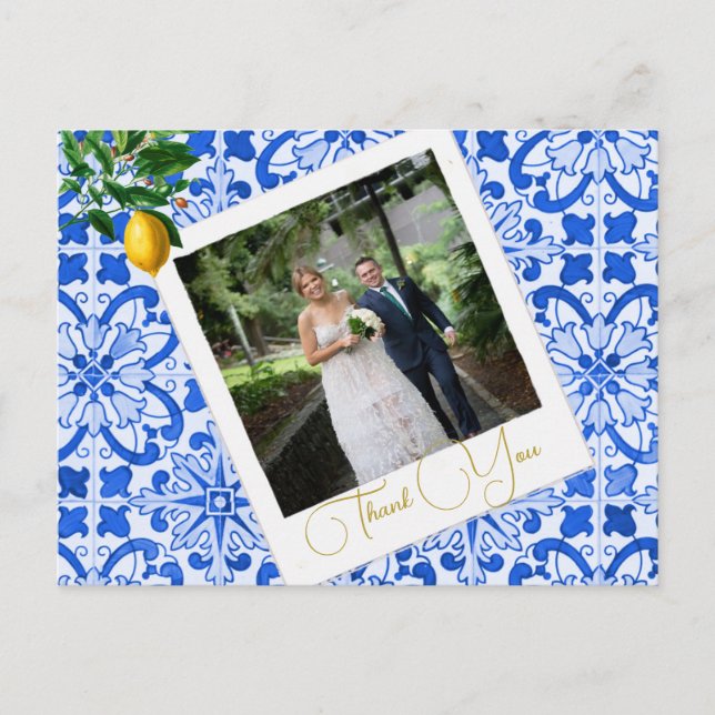 Postal Gracias Boda Foto Lemon Blue Tile Elegant (Anverso)