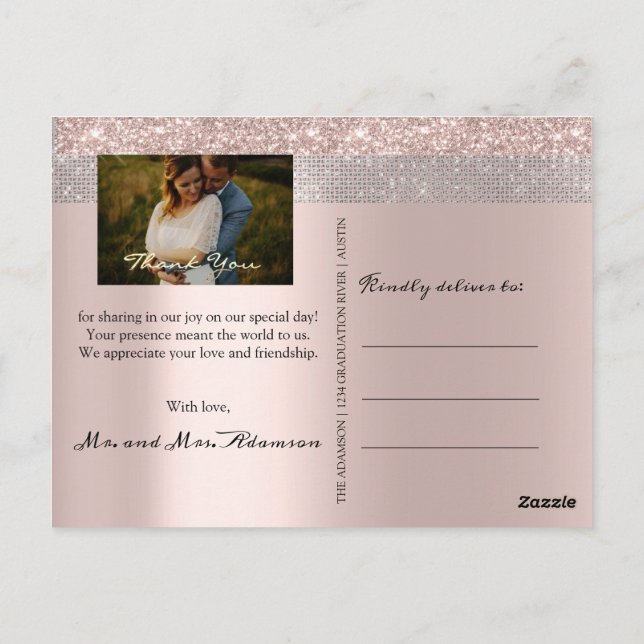 Postal Gracias Boda Photo Silver Gray Rosa Gold (Reverso)
