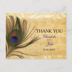 Postal Gracias boda Rústico de la pluma de pavo real