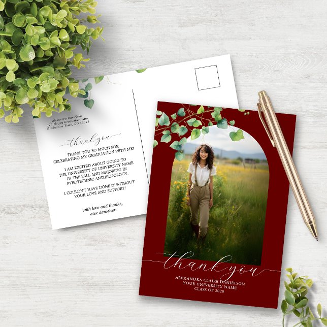 Postal Gracias Boho Arch Ivy Dark Red Graduation (Subido por el creador)