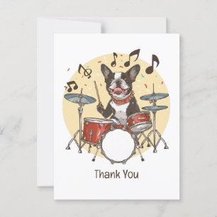 Postal Gracias Boston Terrier Tocando la Batería