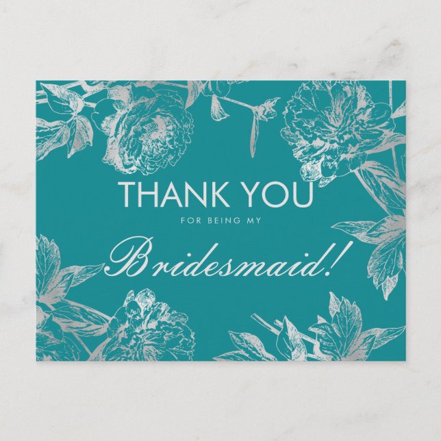 Postal Gracias Bridesmaid Silver Verde azulado Simple Flo (Anverso)