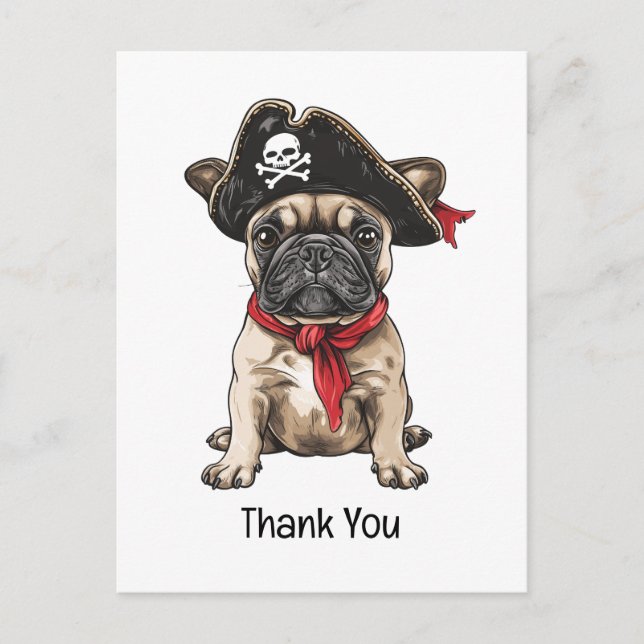 Postal Gracias Bulldog francés pirata Skull Crossbone (Anverso)