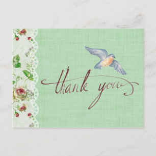 Postal Gracias caligráficos con flores y pájaro