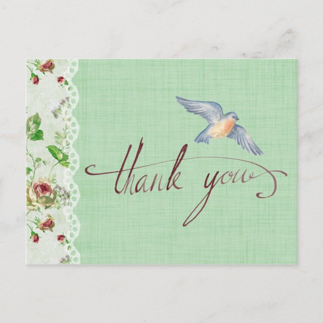 Postal Gracias caligráficos con flores y pájaro (Anverso)