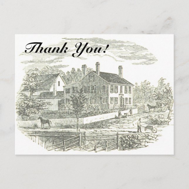 Postal "¡Gracias!" + Casa de época y Ilustracion de granj (Anverso)
