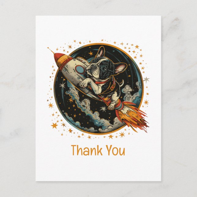 Postal Gracias Cohete Perro Bulldog Francés Astronauta (Anverso)