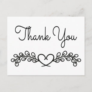 Postal Gracias Corazón de Laurel Nupcial Negro y Blanco