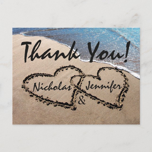 Postal Gracias Corazones En Sand Boda Beach Postcard (Anverso)