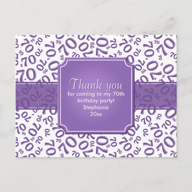 Postal Gracias Cumpleaños 70 Patrón de Número Morado/Blan (Anverso)