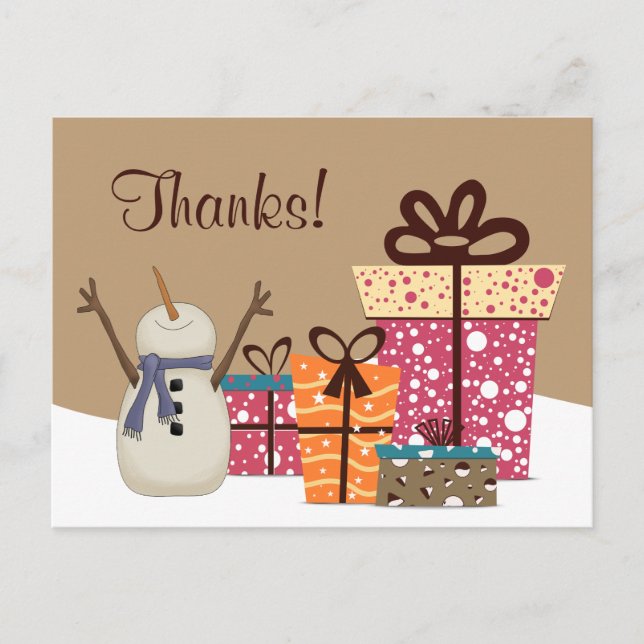Postal ¡Gracias! ~ Cute Snowman con regalos Winter Gracia (Anverso)