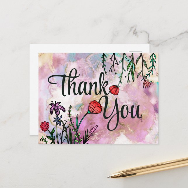 Postal Gracias Cute Wildflower Acuarela Marmórea Nube (Anverso/Reverso In Situ)