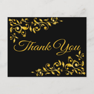 Postal Gracias Dorado Y Black Floral Swirl