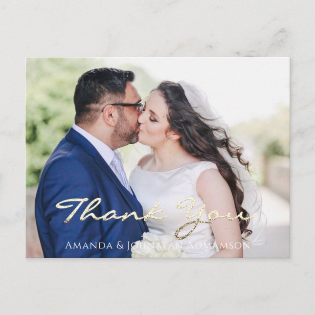 Postal Gracias En Amor Boda Foto Rosa De Guión De Oro (Anverso)