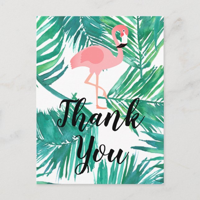 Postal gracias flamingo script y palms (Anverso)
