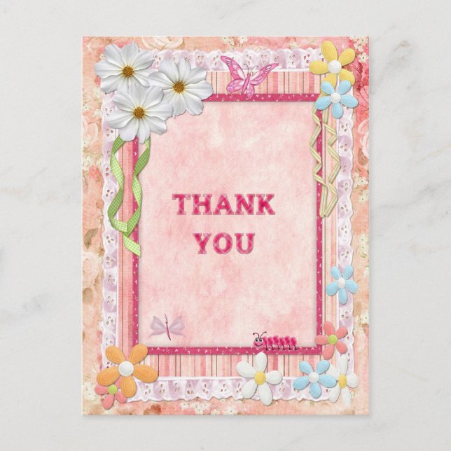 Postal Gracias, flor y carta de artesanía de mariposas (Anverso)