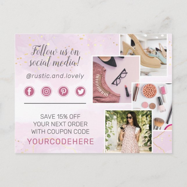 Postal Gracias Floral Antlers Mármol Oro Rosa 4-Foto (Reverso)