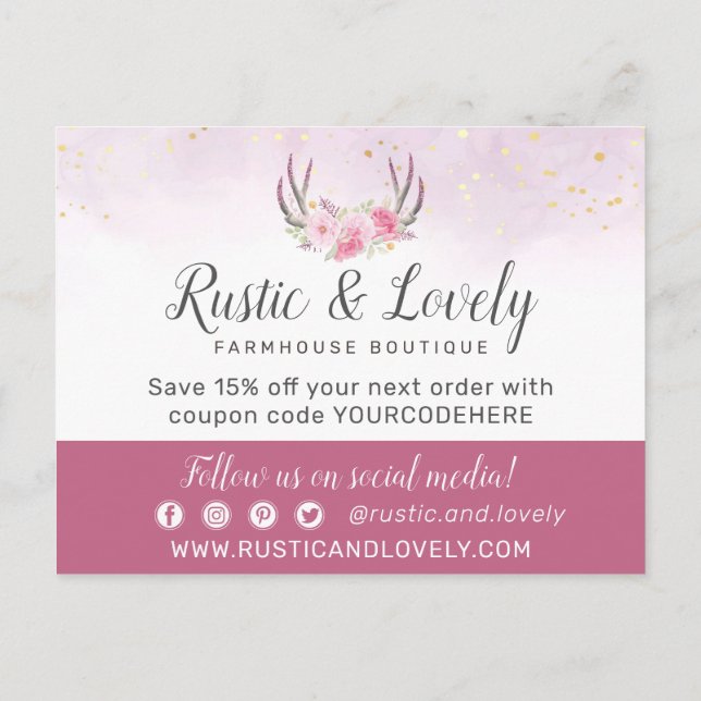 Postal Gracias Floral Antlers Rubor Pink & Gold Marble (Reverso)
