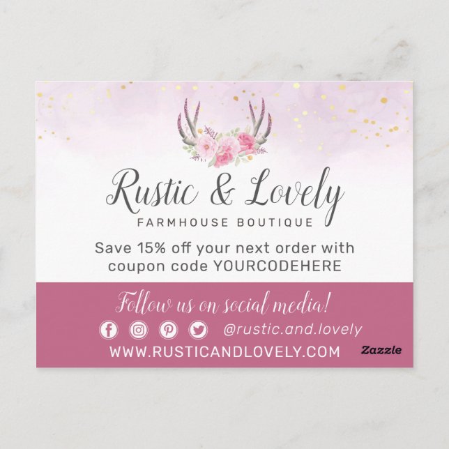 Postal Gracias Floral Antlers Rubor Pink & Gold Marble (Reverso)