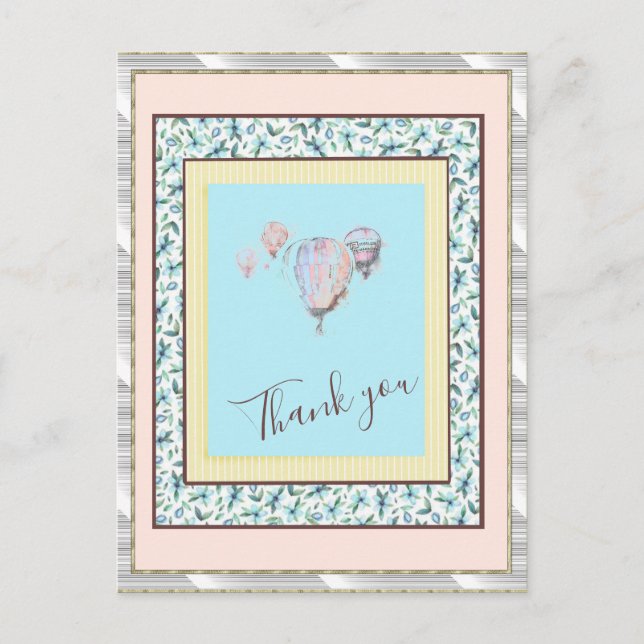 Postal Gracias Floral Blue Balloon Spark Silver (Anverso)