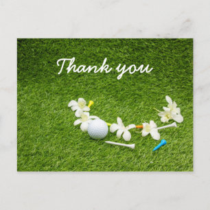 Postal Gracias golfista con bola de golf y flores