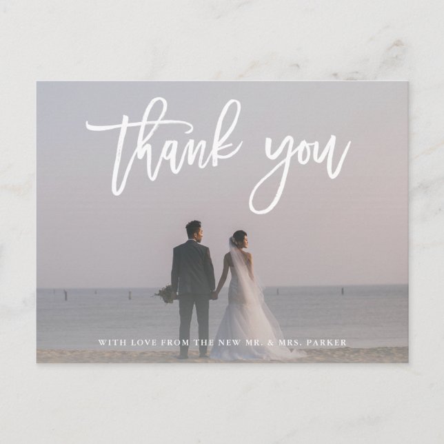 Postal Gracias | Guión moderno con foto Boda (Anverso)