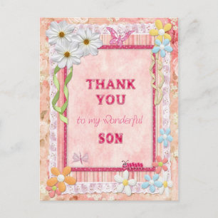 Postal Gracias hijo, flores y naves de corral